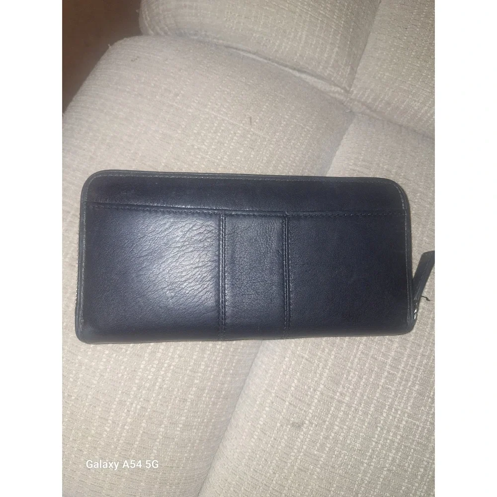 Coach Black Pebbled Leather Zip Around Wallet with Silver Interlocking C Logo